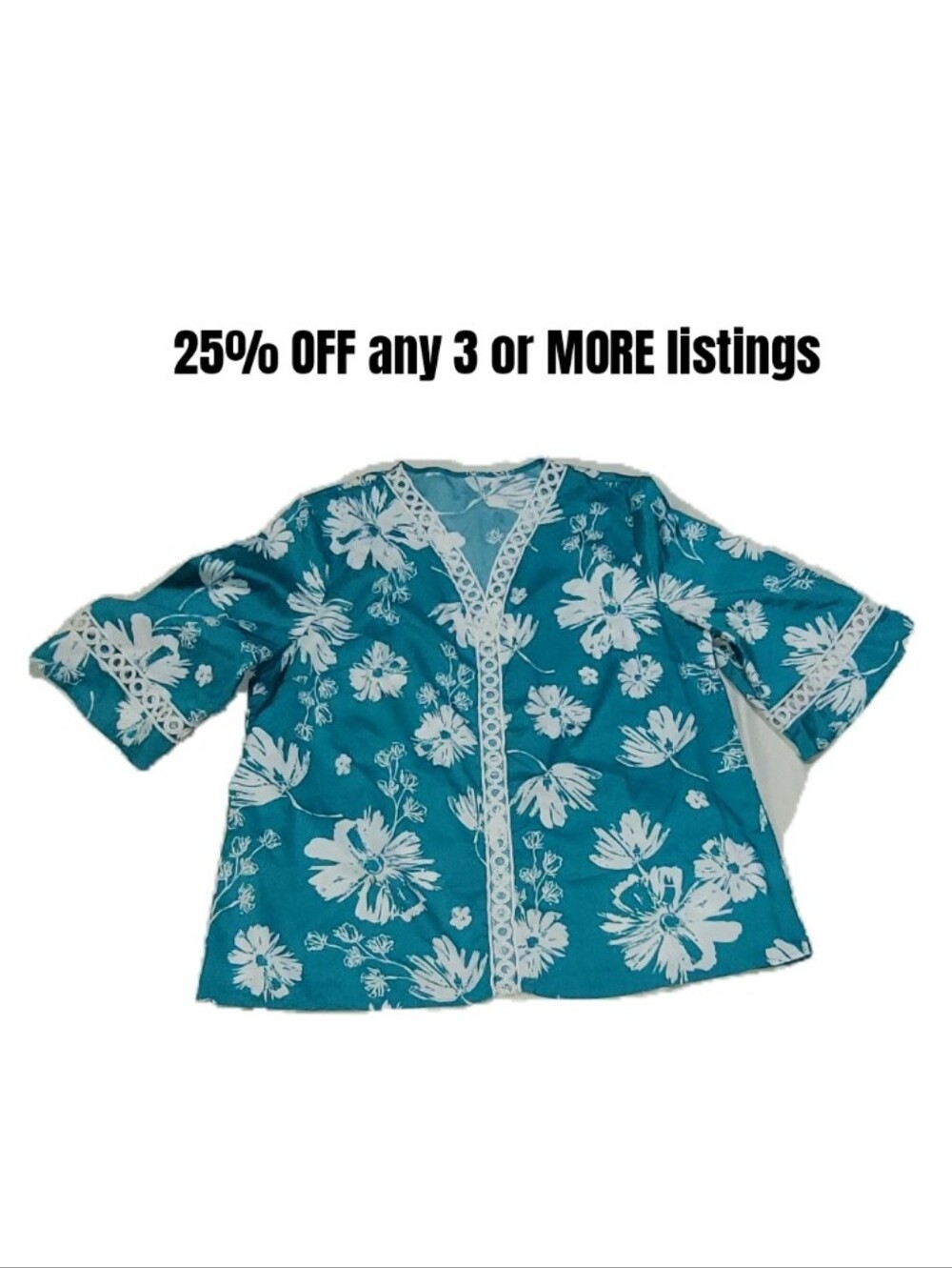 Teal Floral Lace Trim Top Size XL Palm Print Tropical Beach Shirt Blouse Resort